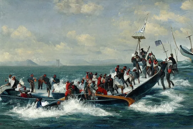 Image similar to whaling boat filled with nfl football players in helmets and pads, american school, whaling painting, robert wyland