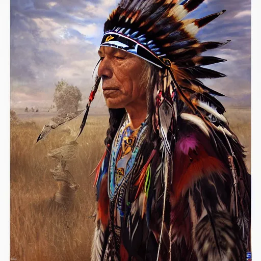 Prompt: a native american shaman with an a shaman mask, wearing an eagle feather outfit, shaman, apache, dakota, cherokee, navajo, lumbee, puebloans, by alex gray and android jones, karol bak, ilya golitsyn, ayami kojima, amano, black panther, moebius, concept art, character design, fantasy, 3 d, 8 k resolution