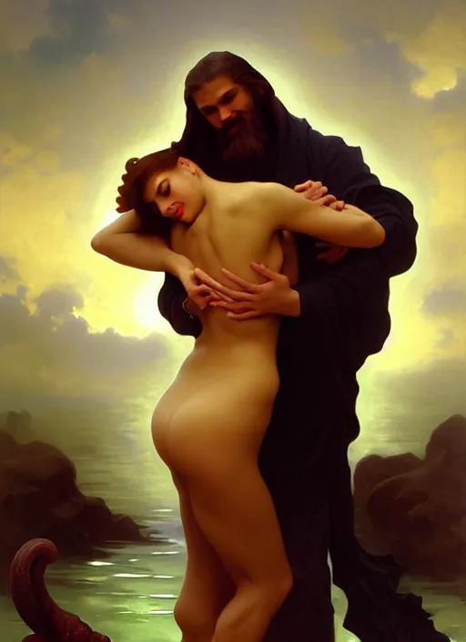 Prompt: kitsch mills and boon romance novel cover with elder god cthulhu!! hugging eva mendes, they are in love, by william - adolphe bouguereau, john singer sargent, digital painting, artstation, concept art, smooth, sharp focus, warm lighting,