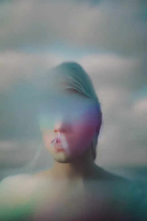 Image similar to high quality pastel coloured film close up wide angle photograph of a model wearing clothing swimming on cloud furniture in a icelandic black rock!! environment in a partially haze filled dreamstate world. three point light, rainbow. photographic production. art directed. pastel colours. volumetric clouds. pastel gradient overlay. waves glitch artefacts. extreme facial clarity. 8 k. filmic.