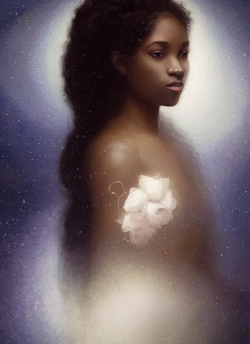 Image similar to oil painting close up portrait of a contemplative young black woman with long flowing hair in a dress made of nebular stardust galaxies, with white roses at sunset, hazy, digital art, chiaroscuro, artstation, cinematic, golden hour, concept art, digital art painting by greg rutkowski, william - adolphe bouguereau, hazy atmosphere, cinematic lighting