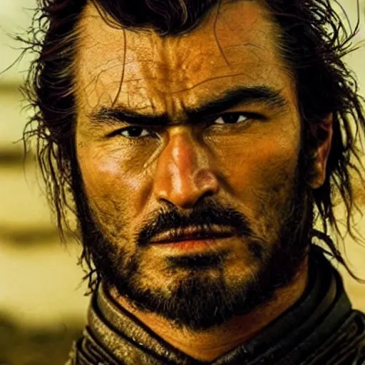 Image similar to handsome and strong kurdish!!!! samurai in a movie directed by christopher nolan, movie still frame, promotional image, imax 7 0 mm footage, perfect symmetrical facial features