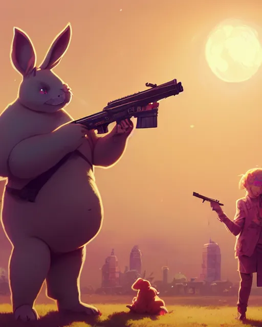 Image similar to highly detailed vfx portrait of a cute, happy big chungus, shooting two mac - 1 0 s, stephen bliss, unreal engine, greg rutkowski, loish, rhads, beeple, makoto shinkai and lois van baarle, ilya kuvshinov, rossdraws, tom bagshaw, global illumination, detailed and intricate environment