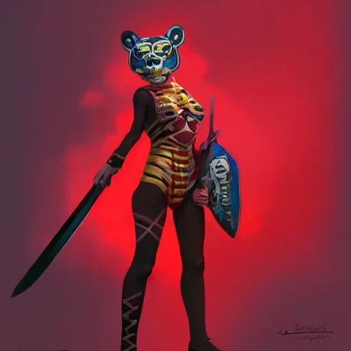 Image similar to a woman with tiger mask and a sword standing in front of a red background, concept art by evan jiang, senior character artist, artstation contest winner, vanitas, concept art, artstation hd, official art