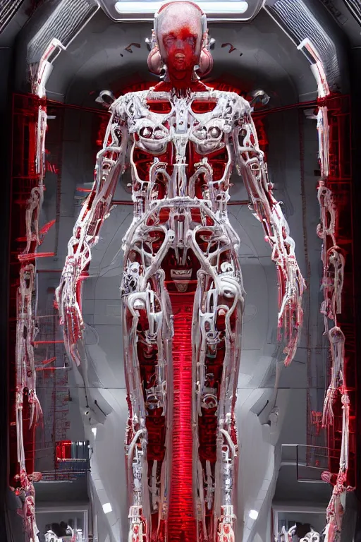 Image similar to white space station interior a statue jesus on cross made of red marble, perfect symmetrical body, full body shot, inflateble shapes, wires, tubes, veins, jellyfish, white biomechanical details, wearing epic bionic cyborg implants, masterpiece, intricate, biopunk, vogue, highly detailed, artstation, concept art, cyberpunk, octane render