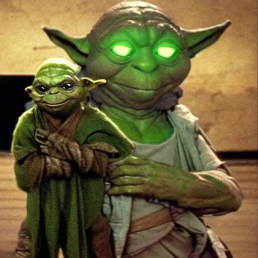 Image similar to Yoda training the Teenage Mutant Ninja Turtles