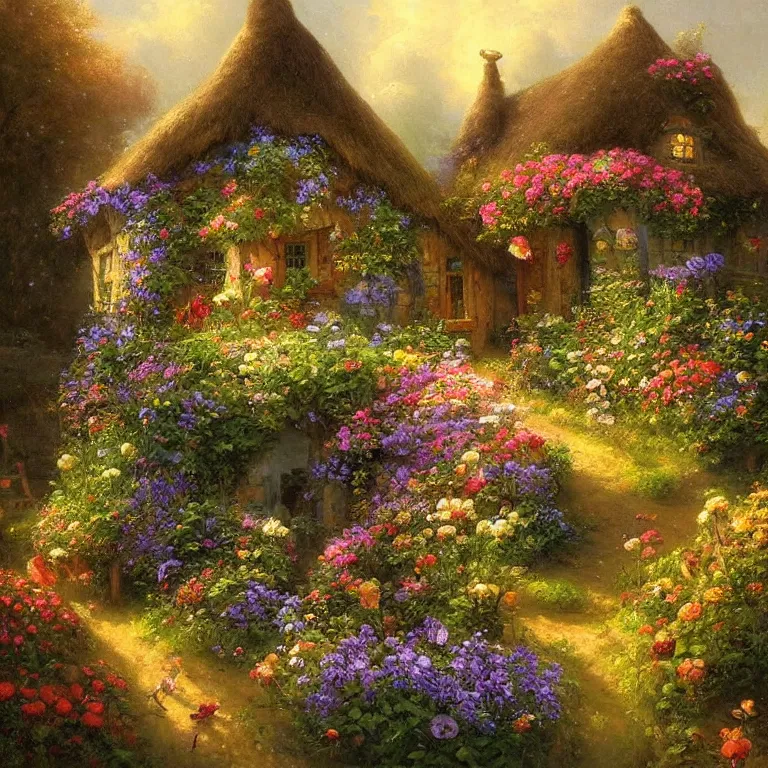 Prompt: a whimsical cottage in a flower garden by Justin Gerard, evening light