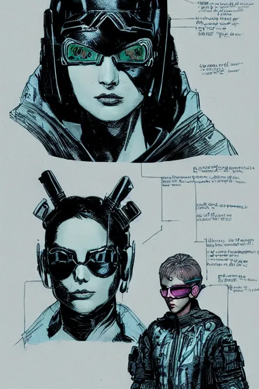 Image similar to selina. blackops mercenary in near future tactical gear, stealth suit, and cyberpunk headset. Blade Runner 2049. concept art by James Gurney and Mœbius.