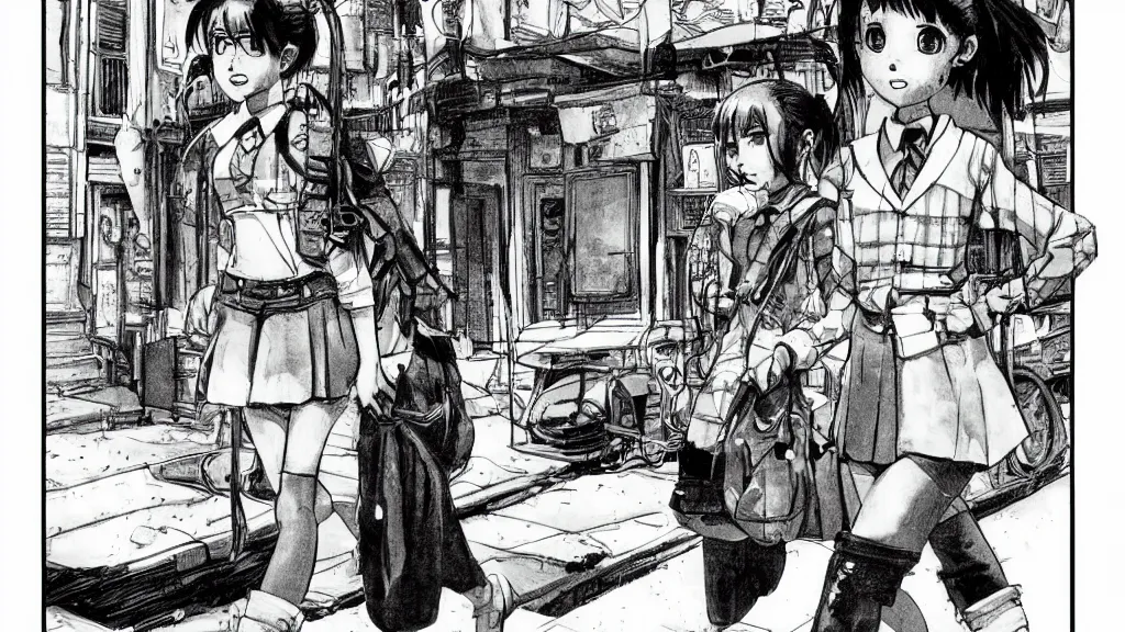 Image similar to cute schoolgirl walk in ghetto, in style of katsuya terada,