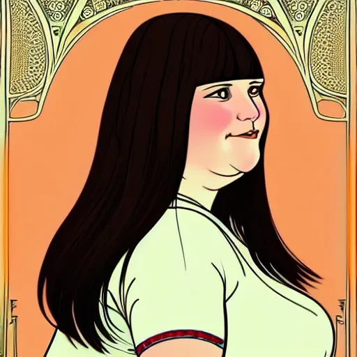 Image similar to chubby brunette woman with straight hair in a short bob, romanian heritage, brown eyes, no bangs, digital art, cartoon, 8k, illustration, art nouveau, Alphonse Mucha, trending on artstation, medium shot, head shot