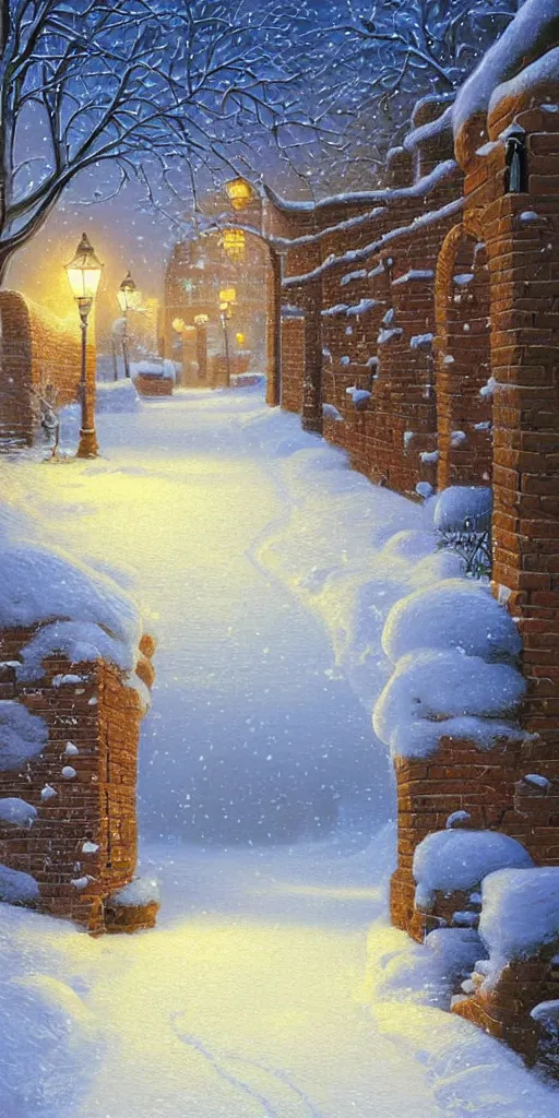 Prompt: beautiful digital painting of a brick archway and cobblestone path in the snow in the evening by evgeny lushpin and thomas kinkade