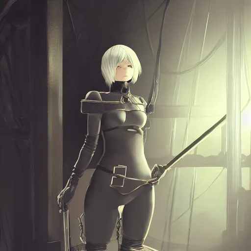 Prompt: a painting of 2 b nier automata tied up in a dungeon, full view, popular on artstation, artstationhd, artstationhq 8 k, volumetric lighting, trending on artstation, artstationhd, artstationhq, ultra detailed, detailed face, by artgerm and james gurney, greg rutkowski