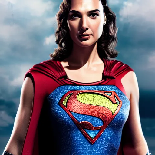 Image similar to an potrait of gal gadot wearing Henry Cavill Superman suit, photorealistic, high detail, photo studio, testing custom, 4k