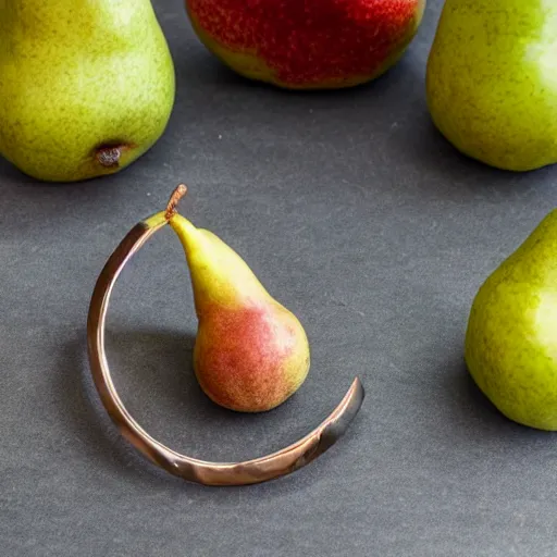 Prompt: a pear cut into seven pieces arranged in a ring