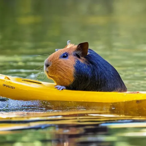 Image similar to a guinea pig paddling a yellow kayak on a small stream