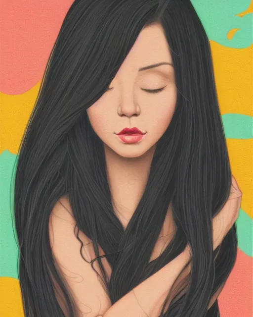 Prompt: A portrait painting of a gorgeous woman long black hair frowning, in the style of Audrey Kawasaki, octane render, highly detailed