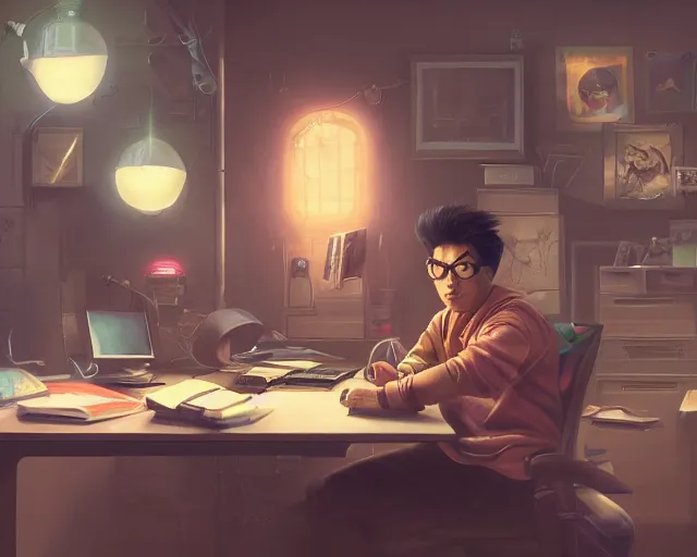 Image similar to an insanely detailed painting of a nerdy asian man wearing a superhero costume, sitting at a desk, staring at the nervously at the computer and typing, in the style of peter mohrbacher, dramatic lighting and composition, octane render, pixar, trending on artstation, concept art, comic book, view from behind