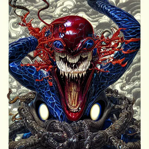 Image similar to portrait of crazy venom, symmetrical, by yoichi hatakenaka, masamune shirow, josan gonzales and dan mumford, ayami kojima, takato yamamoto, barclay shaw, karol bak, yukito kishiro