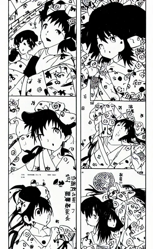 Image similar to a page of multi-panel manga by Naoko Takeuchi and Hayao Miyazaki, black and white manga comic, japanese text kanji, shoujo manga