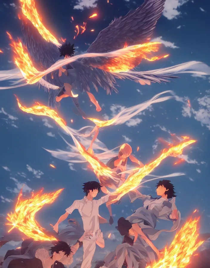 Prompt: fallen angels cast out of heaven by yusuke murata and makoto shinkai, fireballs, smoke, embers, meteors, angels, god rays, 8k, cel shaded, unreal engine, featured on artstation, pixiv