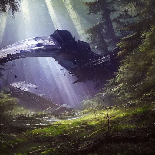 Prompt: a giant space ship crashed in an overgrown forest viewed from the sky by Marek Okon, god rays, fantasy art, 4k, HDR, photorealistic, 8k, trending on artstation