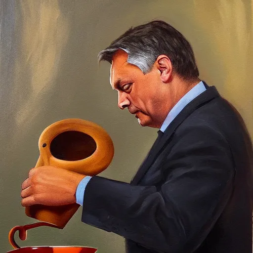 Prompt: viktor orban making chemex coffee, oil painting