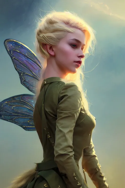 Image similar to cinematic shot of an epic portrait of a cute blonde fairy dressed in military clothes, stylised military clothes, large wings on back, shiny skin, beautiful, small details, realistic poster with volumetric light from jeremy lipkin and michael garmash, craig mallism, artgerm, unreal engine, radiant light, digital art, trends at art station, a masterpiece