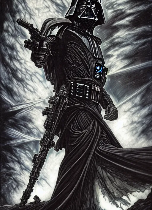 Image similar to side shot of platonic ideal star wars, malignant dieselpunk and god complex dementor wild hunt chtulu nazgul mandelbulb fantasy, ego death, detailed, darth vader, intricate, volumetric lighting, hyperrealism, intense, scary, decay, artgerm, davinci, ralph mcquarrie, alphonse mucha, empire symbol,