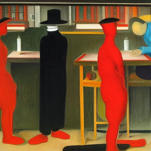 Prompt: factory workers by oskar schlemmer, oil on canvas, pastel colors, edward hopper