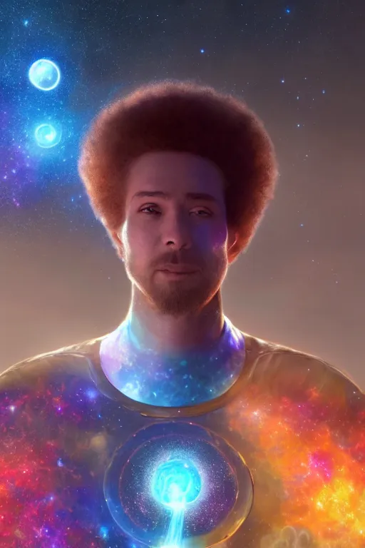 Prompt: galaxy bender experiencing the quantum field, elevated consciousness, beautiful astrological neural network, bob ross matte painting and tim burton comic book art, realistic, trending on artstation, sharp focus, depth of field, cinematic composition, physics splashes of colors, unreal engine, octane render