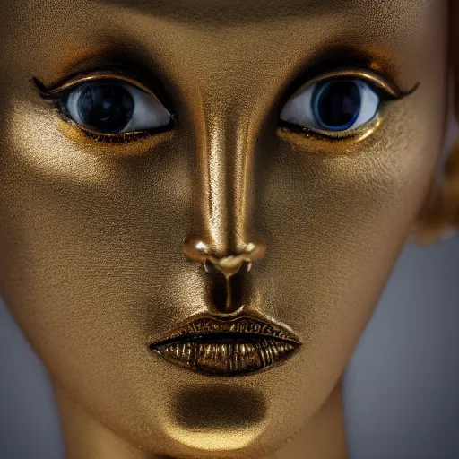 Prompt: portrait photograph of an incredibly realistic porcelain woman with symmetrical gold patterns. Macro details. 8k.