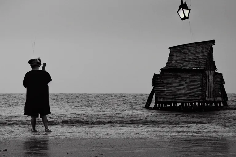 Prompt: closeup old man holding up a lantern on the beach in a pirate ship bay meet to a old wood shack by emmanuel lubezki