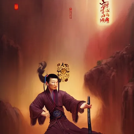 Image similar to a chinese taoist priest, like andy lau, immortal taoist bones, affable ， style of tom bagshaw, cedric peyravernay, peter mohrbacher, victo nga, 4 k hd illustrative wallpaper, animation style, chinese style