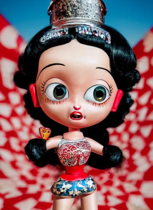 Image similar to closeup of a tin toy betty boop, depth of field, zeiss lens, detailed, symmetrical, centered, fashion photoshoot, by nicoletta ceccoli, mark ryden, lostfish, earl nore, hyung tae, frank frazetta, breathtaking, 8 k resolution, extremely detailed, beautiful, establishing shot, artistic, hyperrealistic, octane render