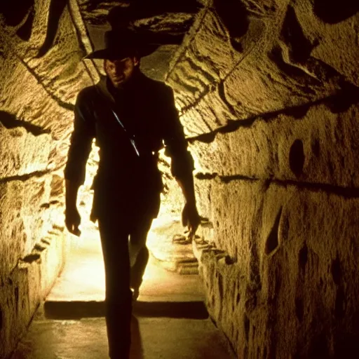 Prompt: film still of Joseph Gordon Levitt as Indiana Jones, walking through an Egyptian tomb in temple of doom film, 4k