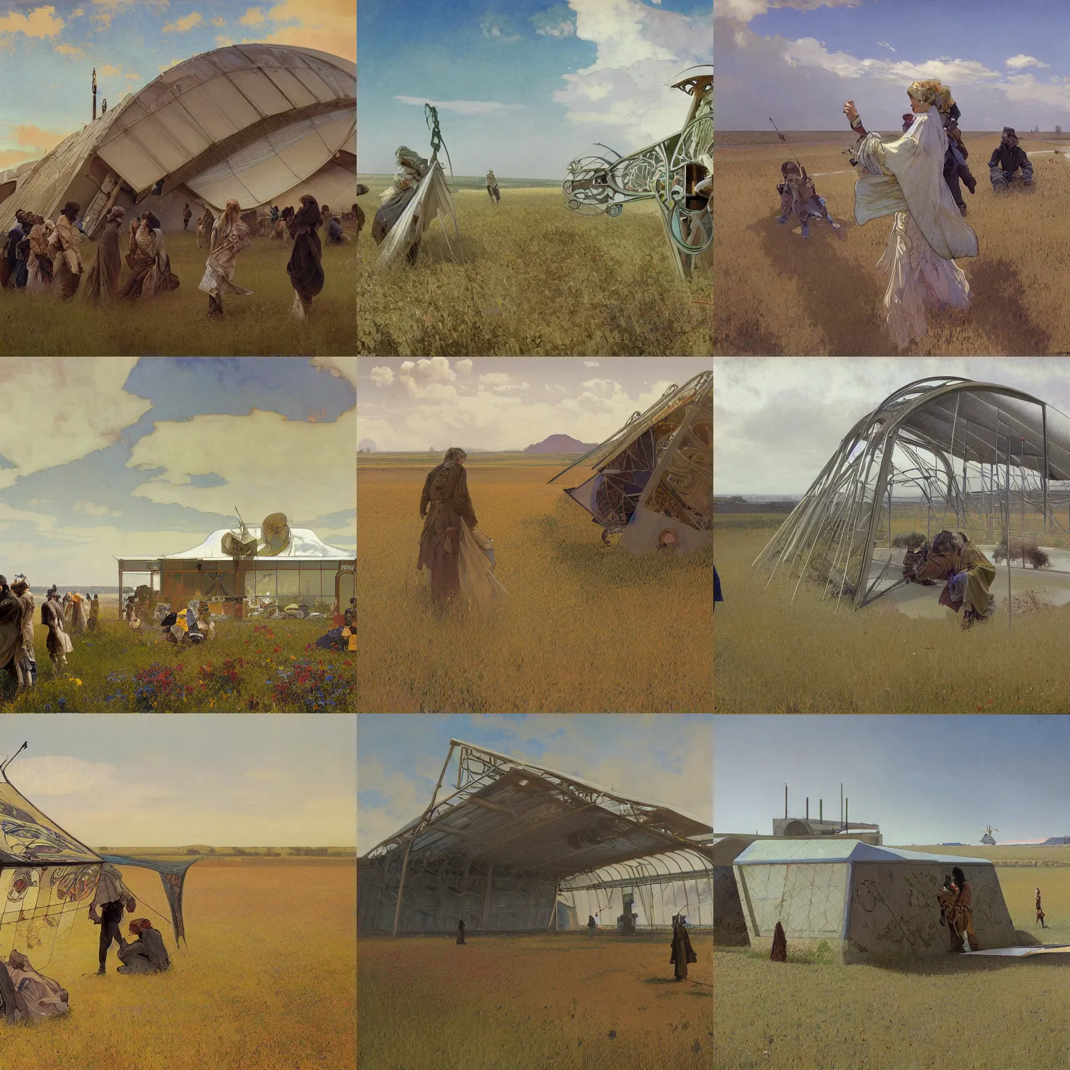 Prompt: hyper-realistic illustration of long shot of a small brutalist utility structure in the middle of a large field, by alfons mucha le pater, art nouveau, Craig Mullins, Jules Louis Machard, Pierre-Narcisse Guérin, Carl Schweninger, Jr., asymmetry