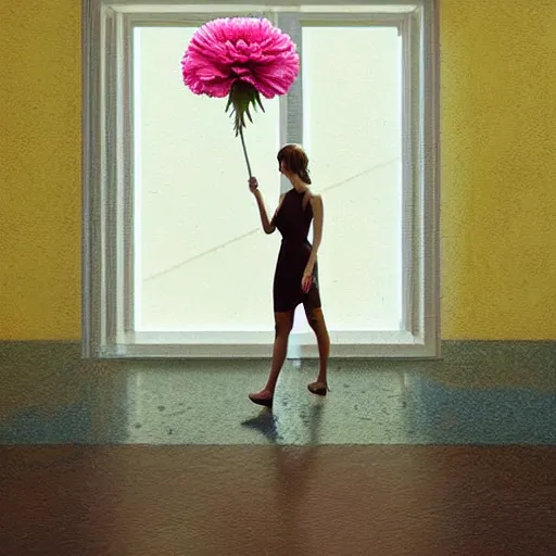 Image similar to giant carnation flower head, woman walking next to modern window in luxury apartment, surreal photography, sunlight, impressionist painting, digital painting, artstation, simon stalenhag