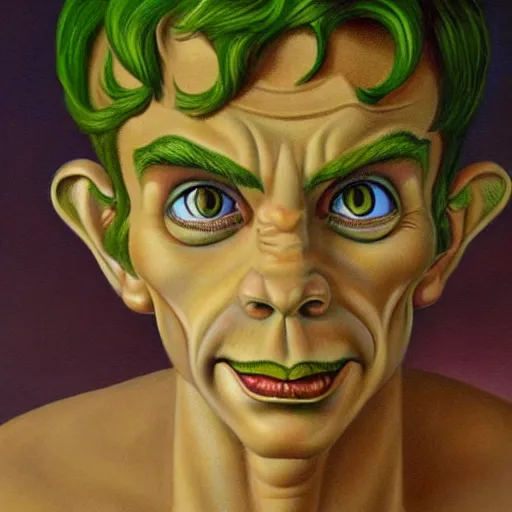 Prompt: beautiful lifelike painting of peter pan pinocchio dionysus, hyperreal detailed facial features and uv lighting, art by ed roth and basil wolverton