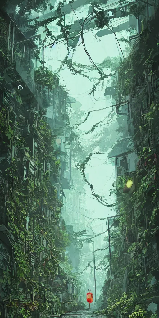 Prompt: abandoned overgrown old alley in hong kong, epic vines, illustration by niko delort,