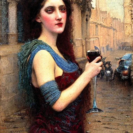 Image similar to intricate, lonely tired young woman man holding wine bottle drunk in the street, detailed, by gaston bussiere, h. r. giger, masterpiece, sharp focus,