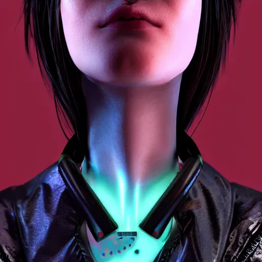 Image similar to detailed realistic cyberpunk female character cyberpunk wearing large steel collar around neck, realistic, art, beautiful, 4K, collar, choker, collar around neck, punk, artstation, detailed, female, woman, choker, cyberpunk, neon, punk, collar, choker, collar around neck, thick collar, choker around neck, wearing choker, wearing collar, bright neon punk hair,