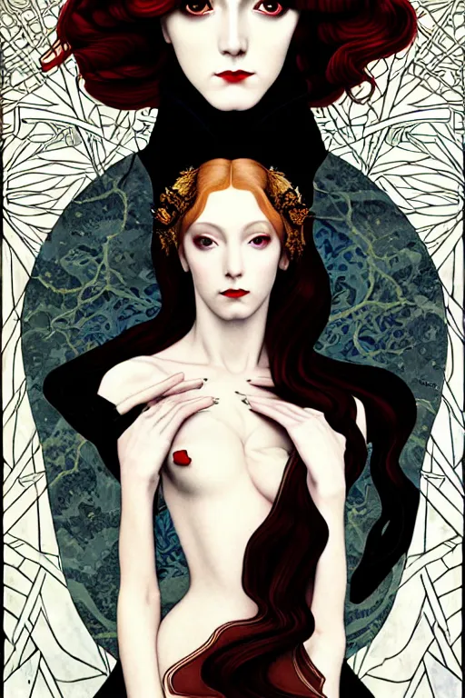 Image similar to a triad of winter muses, style blending æon flux, shepard fairey, botticelli, ivan bilibin, and john singer sargent, inspired by pre - raphaelites, shoujo manga, and harajuku fashion, stark landscape, muted dark colors, superfine inklines, ethereal, otherworldly, 4 k photorealistic, arnold render