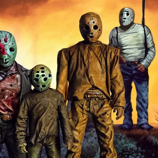 Image similar to photorealistic JasonVoorhees, Freddy Krueger, Leatherface and Ghostface posing for a family picture together