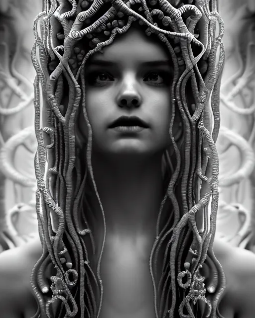 Prompt: mythical dreamy underwater black and white photo of a translucent beautiful young female angelic - medusa - vegetal - doll, highly detailed, intricate crystal ivy jelly ornate, poetic, translucent algae ornate, digital art, octane render, 8 k artistic photography, photo - realistic, hg giger