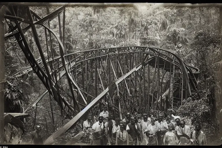 Image similar to a 1 9 0 5 colonial closeup photograph of a rollercoaster in a village at the river bank of congo, thick jungle, wide angle shot