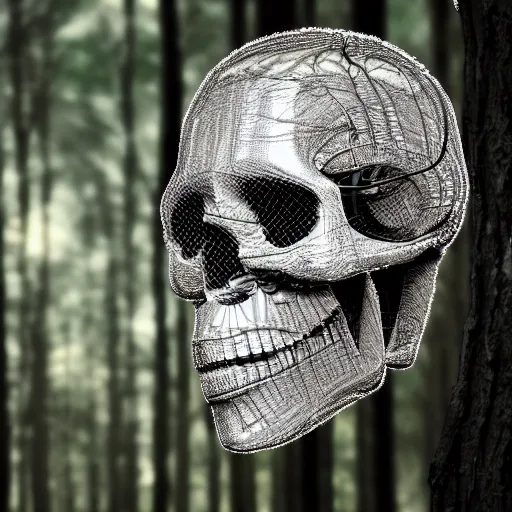 Image similar to very detailed portrait 55mm photo of a mechanical head without skin, with crystal bones and optic fiber nerves, gears in his head and cybernetic enhancements in it's skull. In the forest with bokeh. Ray tracing and tessellation. Very sharp high detailed 8k image