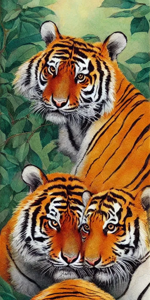 Image similar to greeting card, love, 2 beautiful siberian tigers, by tran nguyen, warm colors, cozy