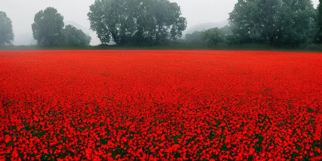 Image similar to a beautiful flower field made of fire in rain, professional photography