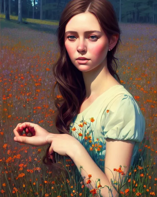 Prompt: stylized portrait of an artistic pose, composition, young lady sorrounded by nature, meadow, flowers, realistic shaded, fine details, realistic shaded lighting poster by ilya kuvshinov, magali villeneuve, artgerm, jeremy lipkin and michael garmash and rob rey