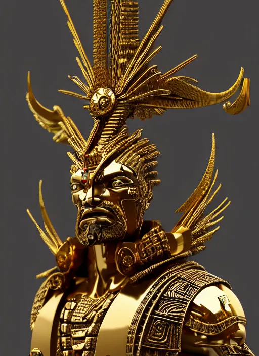 Image similar to intricate sculpture of an aztec warrior, ulta high detail, subtle gold accents, sculpted by craig mullins, yoji shinkawa, trending on artstation, hyper detailed, insane details, intricate, ornate, elegant, luxury, dramatic lighting, cgsociety, art, octane render, weta digital, micro details, 3 d sculpture, structure, ray trace 4 k